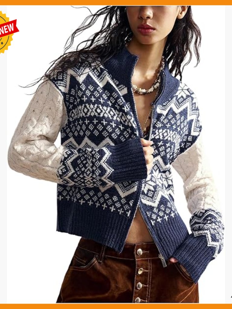 Boho Geometric Print Zip Up Cardigan Long Sleeve Sweater Jacket Lightweight